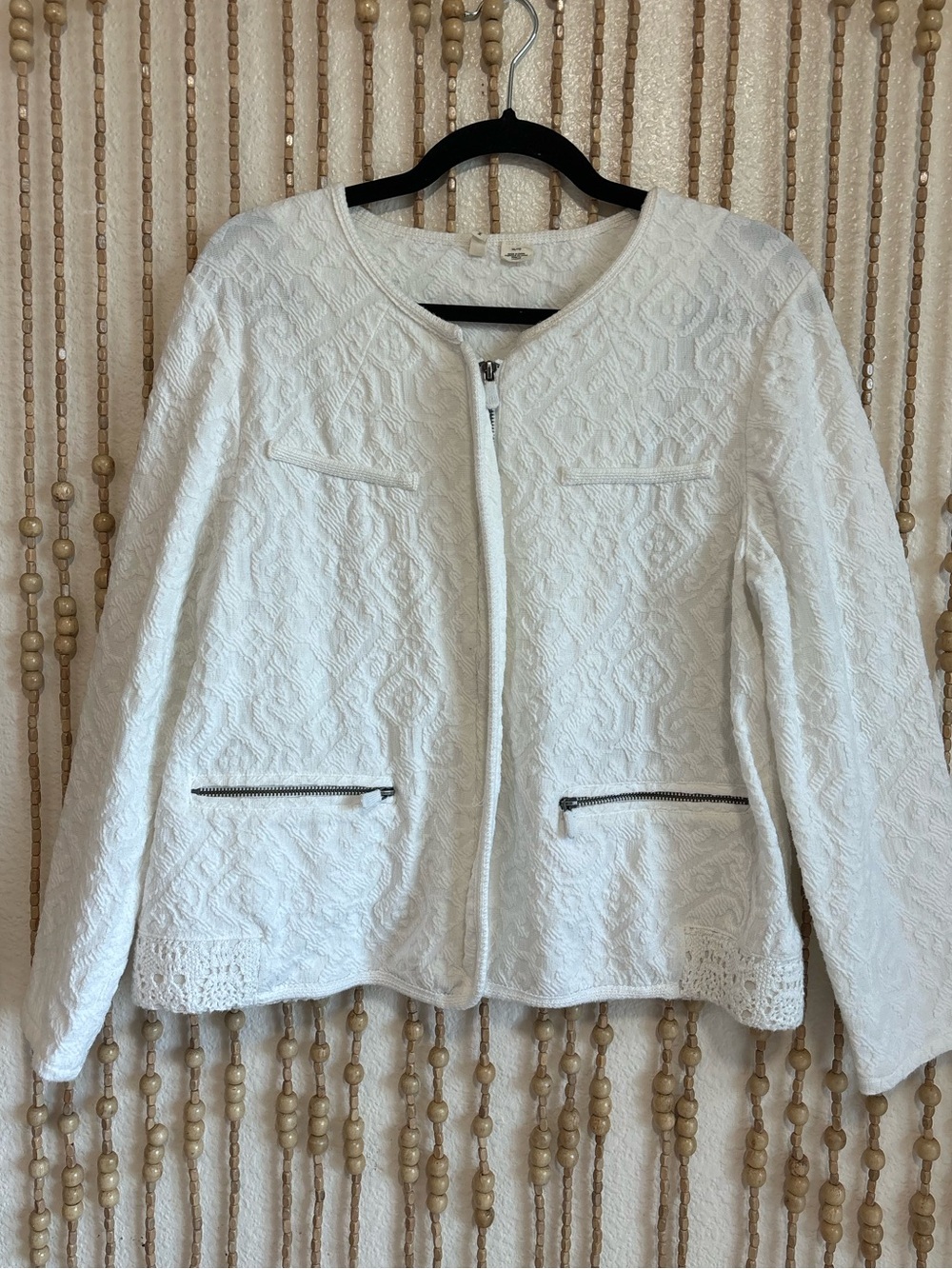 MOTH Anthropologie White Floral Lace Appliqué Cottage Feminine Zip Up Jacket